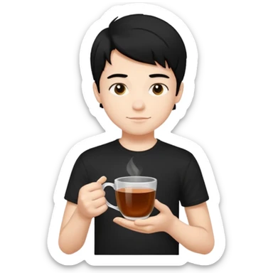The boy teen have a black hair, and black T-shirt with a cup of tea. blue background  sticker