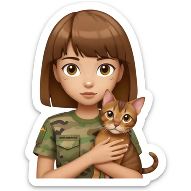 a girl with short brown hair and bangs holding an Abyssinian cat, wearing camouflage short sleeves  sticker