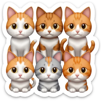 6 cats with different coloured coats, 2 are grey and white, 1 is grey with a little white, 1 calico, 1 brown tabby and white and one ginger and white sticker