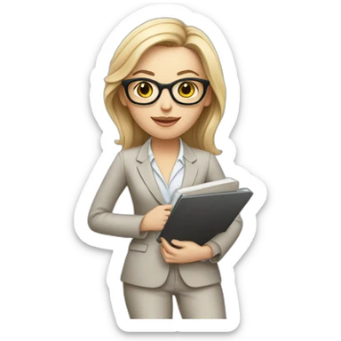 white girl in a pantsuit, glasses, notebook in hand. sticker
