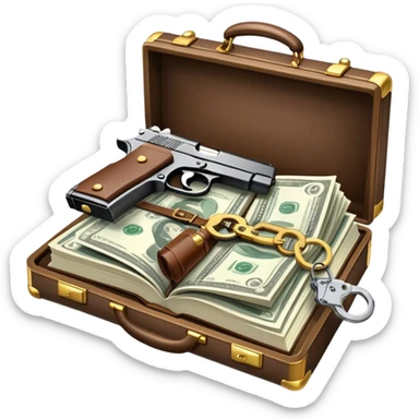 Icon for Action & Crime Reading: an open book with action-packed scenes, featuring a gun, handcuffs, a detective's badge and a briefcase with money. The icon should capture the tension and excitement of crime and action stories. Transparent background. sticker