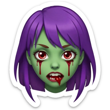 uma garota com cabelo marrom com franja lateral e dois fios de cabelos são roxos na franja, e o cabelo é liso, e a pele dela é verde e a boca normal dente de vampiro e com sangue pingado no canto e um piercing no canto da boca. sticker