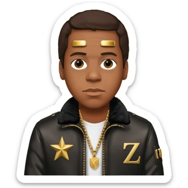 Jay-Z with dark brown hair, metallic black jacket sticker