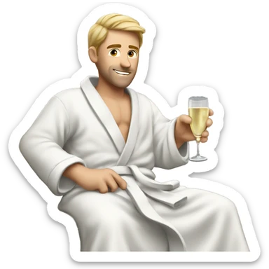 A white man in a bathrobe on the sofa with a glass of champagne sticker