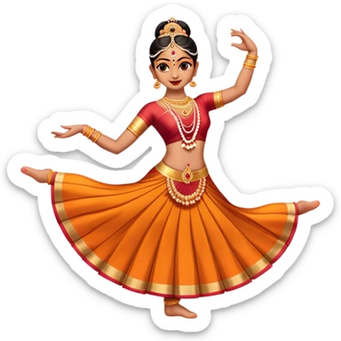 Cinematic Realistic Bharatanatyam Dance Emoji, depicted as an elegant classical Indian dance performance with graceful poses, intricate costumes, and expressive hand gestures, rendered with rich textures and warm dramatic lighting that captures its timeless beauty. sticker