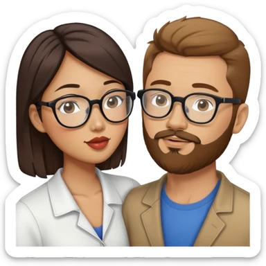 Asian American woman kissing a white guy with brown hair and only the white guy has beard stubble and glasses sticker