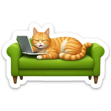A happy orange cat lies on its back on a green sofa, holding a tablet. sticker