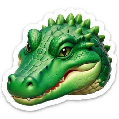 Meme-Worthy Cute Sleeping Crocodile Portrait Emoji, Head resting peacefully with a contented smile, showcasing a robust, powerful build and a luxuriously soft textured emerald-green hide, eyes shut in a serene, restful nap, Simplified yet hilariously adorable features, highly detailed, glowing with a soft, drowsy light, high shine, relaxed and utterly lovable, stylized with an air of playful laziness, bright and heartwarming, soft glowing outline, capturing the essence of a comically sleepy crocodile, so meme-worthy it feels like it could instantly become the next viral sensation of adorable reptilian slumber! sticker