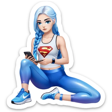 Shameful-Female-very very very large chest-texting on a samsung cell phone-very long straight braided black to sky blue hair ombre-blue eyes-black eyeliner-long eyelashes-iridescent tank top with glitter superman logo-white leggings-nike sneakers sticker
