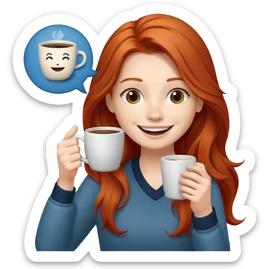 Excited long haired redhead drinking coffee with a sign in front saying GTSY sticker