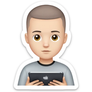 White kid with black buzz cut holding iPad  sticker