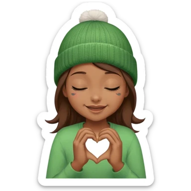 brown hair girl closed eyes stylish in a green beanie hat smiling making heart from her hands  sticker