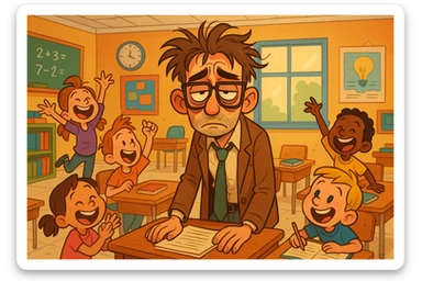 digital cartoon art of a exhausted teacher in a bustling classroom sticker