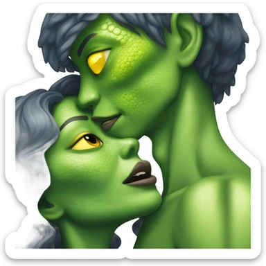 a Reptilian alien woman kissing humman man sticker