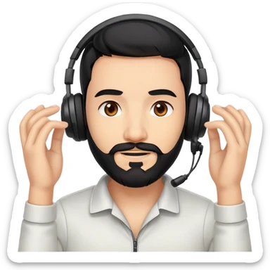 A person with black hair, brown eyes, and a black beard wearing a gaming headset with a thankful expression sticker