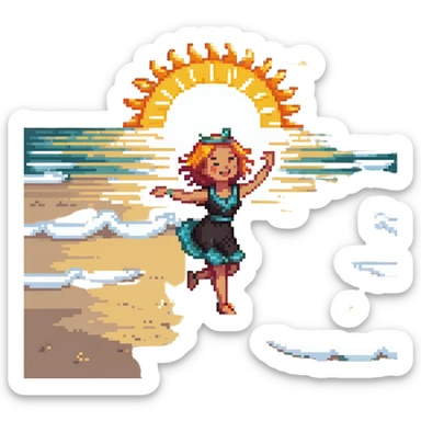 Cheerful beach character dancing on sand with ocean waves and sun, highlighted sticker