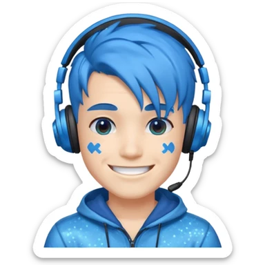 glitter blue gamer boy happy blue hair sticker