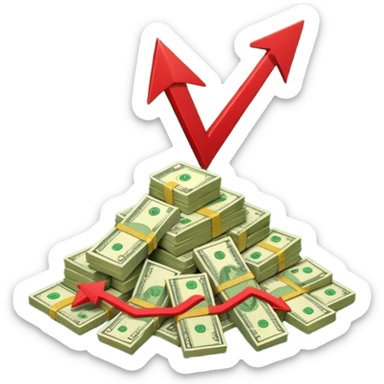 a pile of money infront of strategy paper with one red arrow up sticker