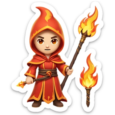 Clash of Clans aesthetic: Cinematic Ferocious Fire Mage Hero Emoji, rendered in a 3D vector-style similar to standard emojis with minimal shading and bold, simplified shapes. A compact, isometric figure draped in flowing, charred and ember-lined robes, wielding a fiery staff crackling with intense flames. Eyes burning with an infernal glow, exuding raw, untamed power. Simplified yet unmistakably iconic, highly detailed and consistent, glowing with a fiery, molten radiance and high shine. Stylized with a touch of menacing sorcery and a searing, ember-infused outline, capturing the essence of a wrathful mage ready to unleash devastating fire magic! sticker