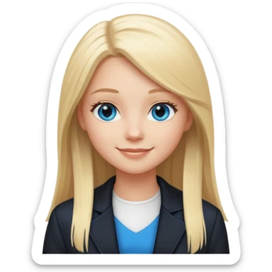 A white girl with long straight blonde hair, blue eyes and a white dress with a smiling black jacket sticker