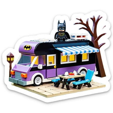  Ultra cute Lego Haunted Batman and Catwoman dream house Caravan with picnic table and folding chairs at night  sticker