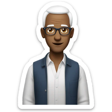 mid age man with paste square glasses, bald with white hair on sides of his head, big ears and expression lines on mouth sides of mouth, tilted head to the side, blue eyes and no beard no mustache sticker