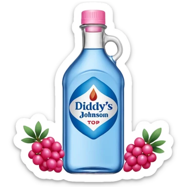 bottle of oil blue top pink outside with logo that says Diddys Oil Johnson and Johnson bottle with a berry on top sticker
