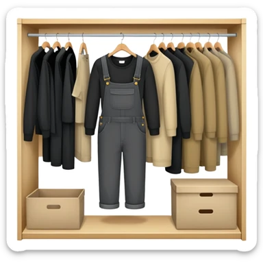 Open wardrobe filled with practical work clothes - black shirts, overalls, khaki pants, and sweaters sticker