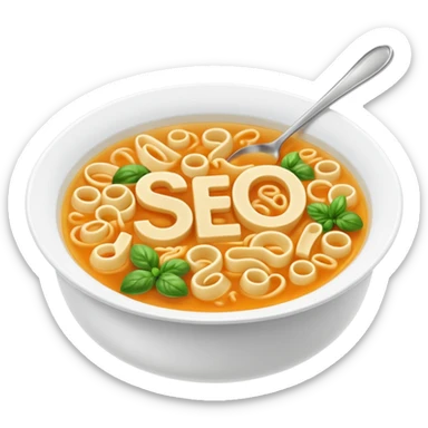 soup with letters inside spelling SEO sticker