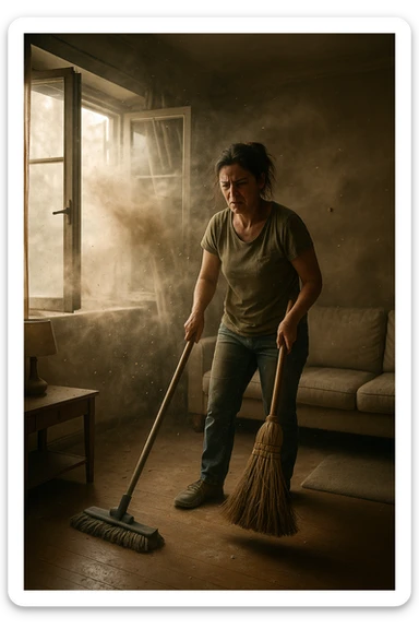 A realistic, cinematic image of a person cleaning a living room with a mop and broom, windows wide open letting in a strong gust of wind. Through the open windows, thick clouds of dust, pollen, and small debris visibly swirl into the room, floating in sunbeams that highlight the particles in the air. The person looks frustrated and tired, mid-action sweeping but clearly battling the incoming dust. Around the room, some furniture and surfaces already show a thin layer of dust settling. The scene is bathed in natural daylight with a slightly hazy atmosphere due to the airborne dust. The color palette uses warm, muted tones emphasizing the contrast between cleanliness efforts and the stubborn dirt and dust invading the space. The focus is on the tension between trying to clean and the unavoidable mess coming in from outside. sticker