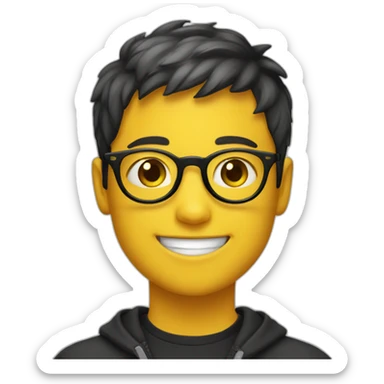 A smiling boy with short hair and yellow skin wearing black-framed round glasses sticker