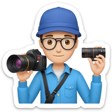 3D illustration of a friendly faceless cartoon photographer icon, wearing a stylish cap, holding a professional DSLR camera with a large lens, minimalist design, vibrant colors sticker