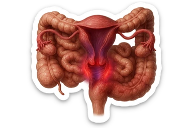 utero umano anatomico iperrealistico e intestino umano anatomico iperrealistico hanno in comune il dolore e l'infiammazione, rendi bene il collegamento tra i due organi doloranti, falla iperrealistica, non disegnata, fai colori che si adattano a questo viola #971ef1 sticker