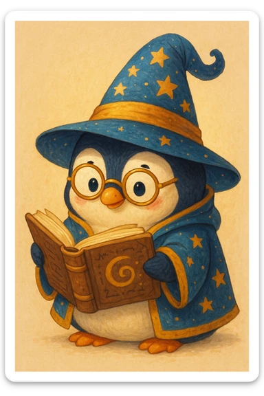 a chubby penguin wizard with glasses, reading a spellbook, whimsical style sticker