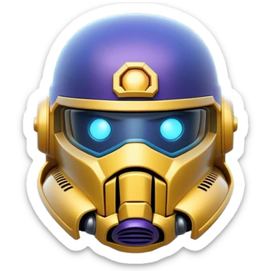Clash of Clans aesthetic: Cinematic Playful Space Marine Helmet Emoji, rendered in a 3D vector-style similar to standard emojis with minimal shading and bold, simplified shapes. A compact, heroic isometric helmet with futuristic, armored detailing and a glowing visor, softly glowing with a battle-ready cosmic charm. Simplified yet unmistakably iconic, highly detailed and consistent, glowing with a soft radiant shine and high gloss. Stylized with a touch of interstellar valor and a soft glowing outline, capturing the essence of an elite warrior’s helm with a friendly, playful spirit! sticker