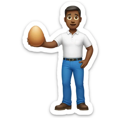 man standing holding a egg in left hand and wearing white Polo shirt and blue pants sticker
