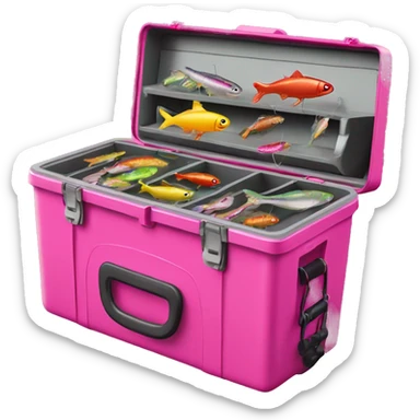 Realistic hot pink Fishing tackle box open with  fish bait and hooks inside of it sticker