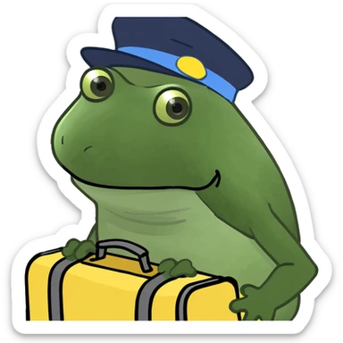 bufo frog meme style, bufo with suitcase and hat, waving goodbye, 'out of office' note sticker