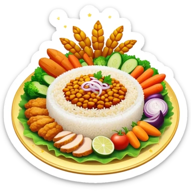 Magical floating plate with ethereal glowing rice, chicken pieces surrounded by sparkles, and enchanted Puerto Rican Boricua mix vegetables sticker