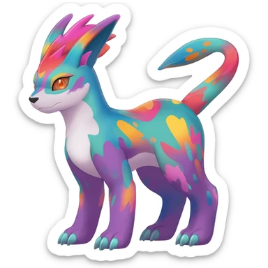 Splash-marked Colorful Patterned Exotic Meloetta-Zeraora-Lombax-Renamon-Protogen-Palkia-hybrid-fusion-Fakémon-creature, full body sticker