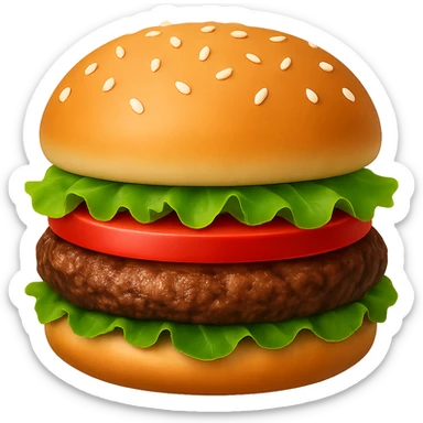 Edit the hamburger emoji to have a sesame seed bun, lettuce, tomato, and a beef patty with no cheese. Remove the background. sticker