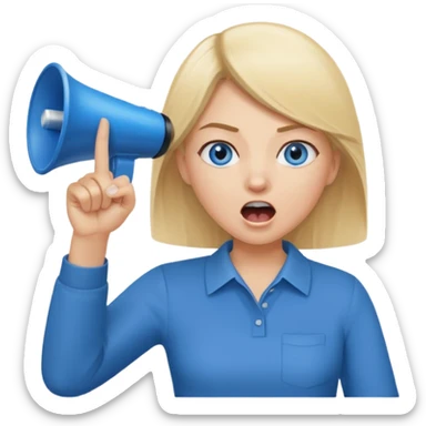 blue eyes blonde girl yelling into megaphone and holding up 1 finger in the other hand sticker