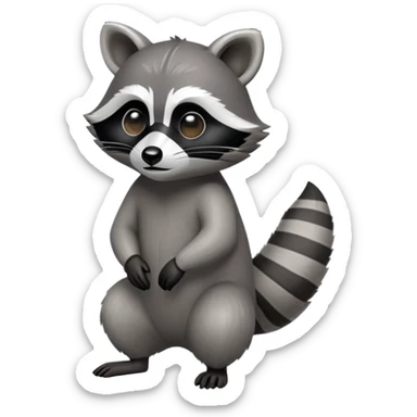 Cinematic-Raccoon-Realistic-hunched Full-Body-Standing on all fours-Emoji – Tail flicking lazily, head tilted dramatically, thick grey fur with a signature black mask, sharp and alert ears, simplified yet realistic focused features, highly detailed, glowing with an almost sarcastic glow. sticker