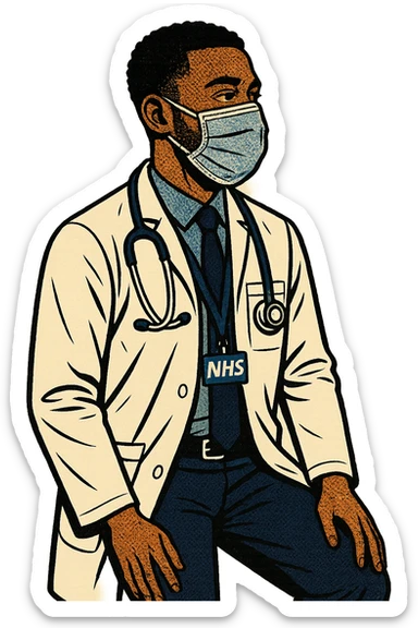 the full body of a young make black doctor from 2020 wearing a face mask.  He is looking calm. he is also wearing an NHS lanyard around his neck and facing RIGHT sticker