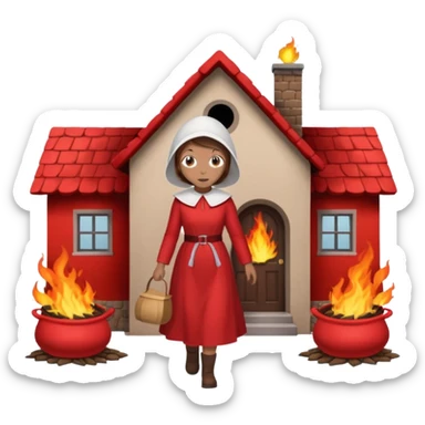 handmaids tale style woman burning house down walking away from house. shes wearing the nun hands maid tale hat cant see her face with brown hair shes wearing the red handmaids tale costume with white bonnet. walking away from the house sticker