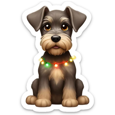 Brown miniature schnauzer puppy tangled in Christmas lights sticker