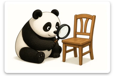 big panda inspecting dining chair for durability with magnifying glass, cute and whimsical, clean background sticker