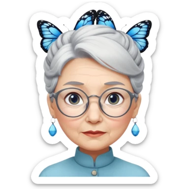 A beautiful grandmother with a delicate face and white/grey hair styled in high buns. She has steely blue/grey eyes and an intense gaze, and wears pretty glasses with butterfly frames. No background sticker