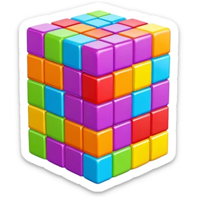 A 3D Tetris game block with a smooth, glossy surface. Bright and vibrant colors, slightly reflective, with soft shadows. The shape should resemble a classic Tetris piece, such as L, T, or square block sticker
