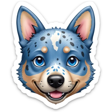 Cinematic Comical Blue Speckle Australian Cattle Dog Portrait Emoji, Head tilted dramatically with an exaggeratedly amused expression, featuring a striking blue speckle Fur with bold patterns, wide, expressive blue eyes filled with playful disbelief, Simplified yet hilariously expressive features, highly detailed, glowing with a slightly sassy glow, high shine, dramatic yet playful, stylized with an air of cheeky charm, bright and endearing, soft glowing outline, capturing the essence of a spirited and over-the-top herder, so meme-worthy it feels like it could side-eye its way into internet fame instantly! sticker